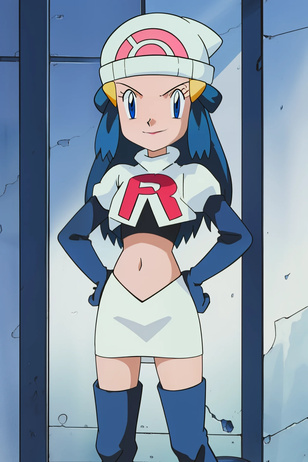Dawn (pokemon), blue eyes ,1girl, solo, hat, glossy lips, earrings ,team rocket uniform, red letter R, white skirt,white crop top,black thigh-high boots, black elbow gloves, evil smile ,looking at viewer, cowboy shot, team rocket building in the background