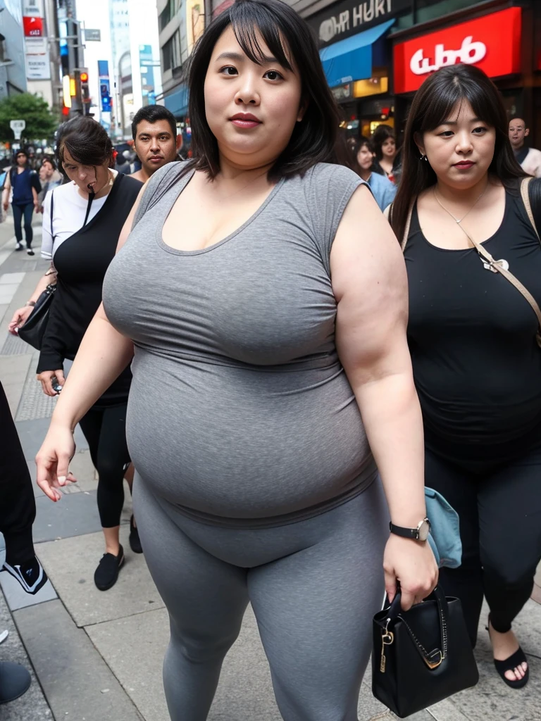 GoPro camera, Japanese super obese woman, 48yo, Super burst breasts, Her butt is about 4 times bigger than a normal woman's., gray Tank top, black leggings, weight:500lbs, ssbbw, Walking through the downtown area of Shinjuku, Weight 300kg, super obese, super fat, gigantic ass