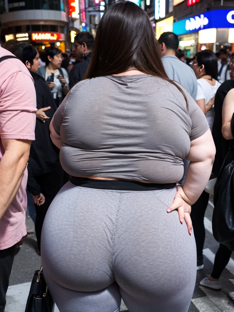 GoPro camera, Japanese super obese woman,　48yo,　Super burst breasts,　Her butt is about 4 times bigger than a normal woman&#39;s.,　gray Tank top,　black leggings, weight:500lbs, ssbbw,   Walking through the downtown area of Shinjuku,　Weight 300kg, super obese, super fat, gigantic ass