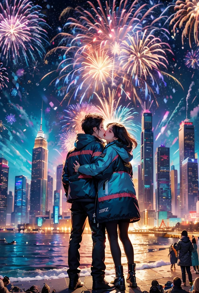 (tmasterpiece),（ultra - detailed：1.3），Best quality，（sparkling fireworks:1.2），（new year，concert celebration:1.4），(at winter season，Men and women wearing couple&#39;s down jackets: 1.5), gorgeous color，crowd of，As estrelas，(river bank)，(city night scene，skyscrapper:1.8), A world of dreams, Cute design style, Grand celebration，brilliant colorful，Joyful mood，Fireworks explode，Festive atmosphere，permanent memory，vibrant with colors、Just the right color，1.4x more realism，hyper HD，All shown in this beautiful scene，（The content is very detailed，Reasonable design，Clear lines，High- sharpness，tmasterpiece，offcial art，movie light effect，8K）