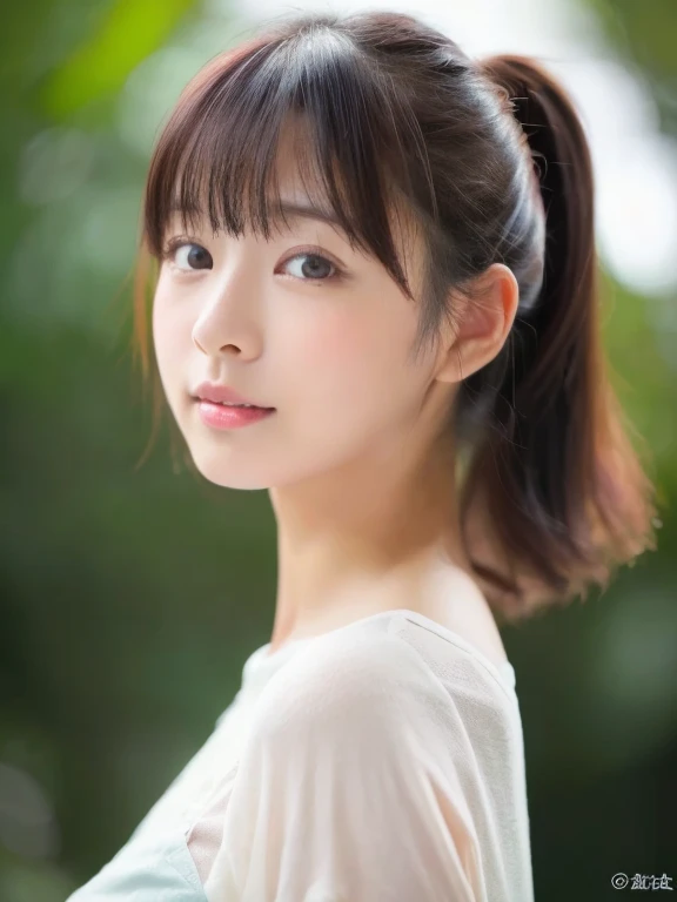 ((cute little日本の女の子、Beautiful japanese girl、1 girl in、Unclear、age19、poneyTail、Highly detailed facial and skin texture、refinement、hyperdetailed face、ultradetailed eyes、blusher、blush、teak、ピンクのteakを塗った頬、close-up of woman、bustup、frontageを向いている顔、frontageを向いている体、Looking at the camera、frontage、cute little、smooth white skin、Transparent skin texture、))、(dark brown hair、bangss)、Beautiful Women in Perfect Style:1.4、Japanese Models、Young gravure idols、若いcute littleグラビアアイドル、Realistic Young Gravure Idol、refinementされたグラビアアイドル、((top-quality、in 8K、masterpiece:1.3、1Photo))、(4K、RAW Photography、top-quality)、(reallistic、フォトreallistic:1.37)、Place a person on the other side of the screen、natural soft light、upper body and head、