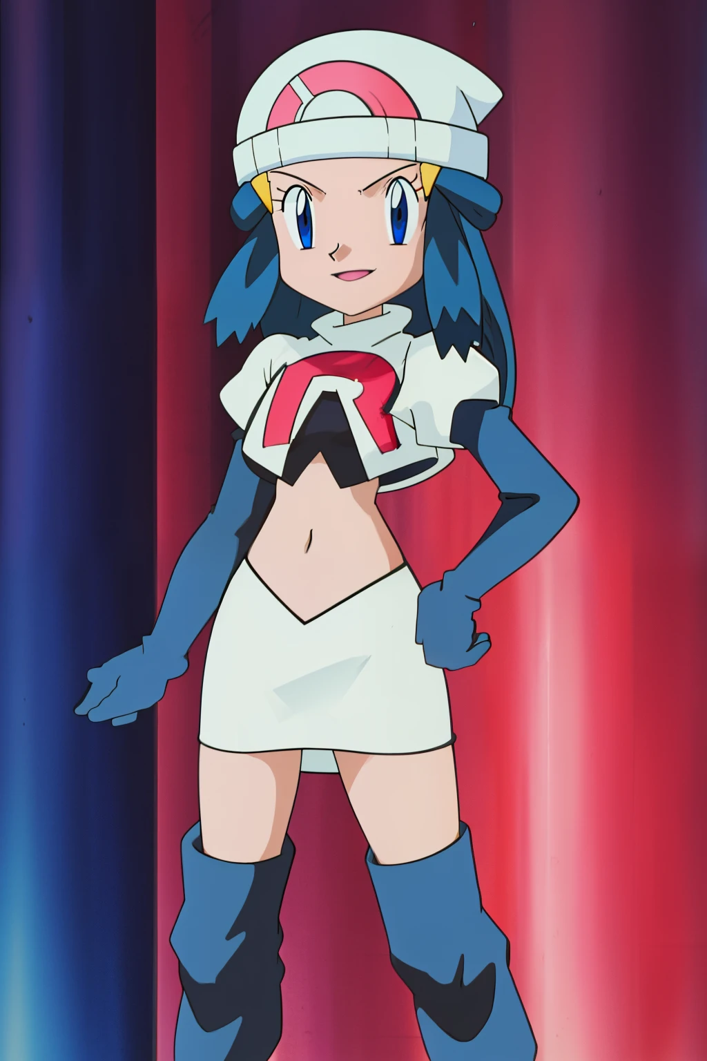 Dawn (pokemon), blue eyes ,1girl, solo, hat, glossy lips, earrings ,team rocket uniform, red letter R, white skirt,white crop top,black thigh-high boots, black elbow gloves, evil smile ,looking at viewer, cowboy shot, team rocket building in the background