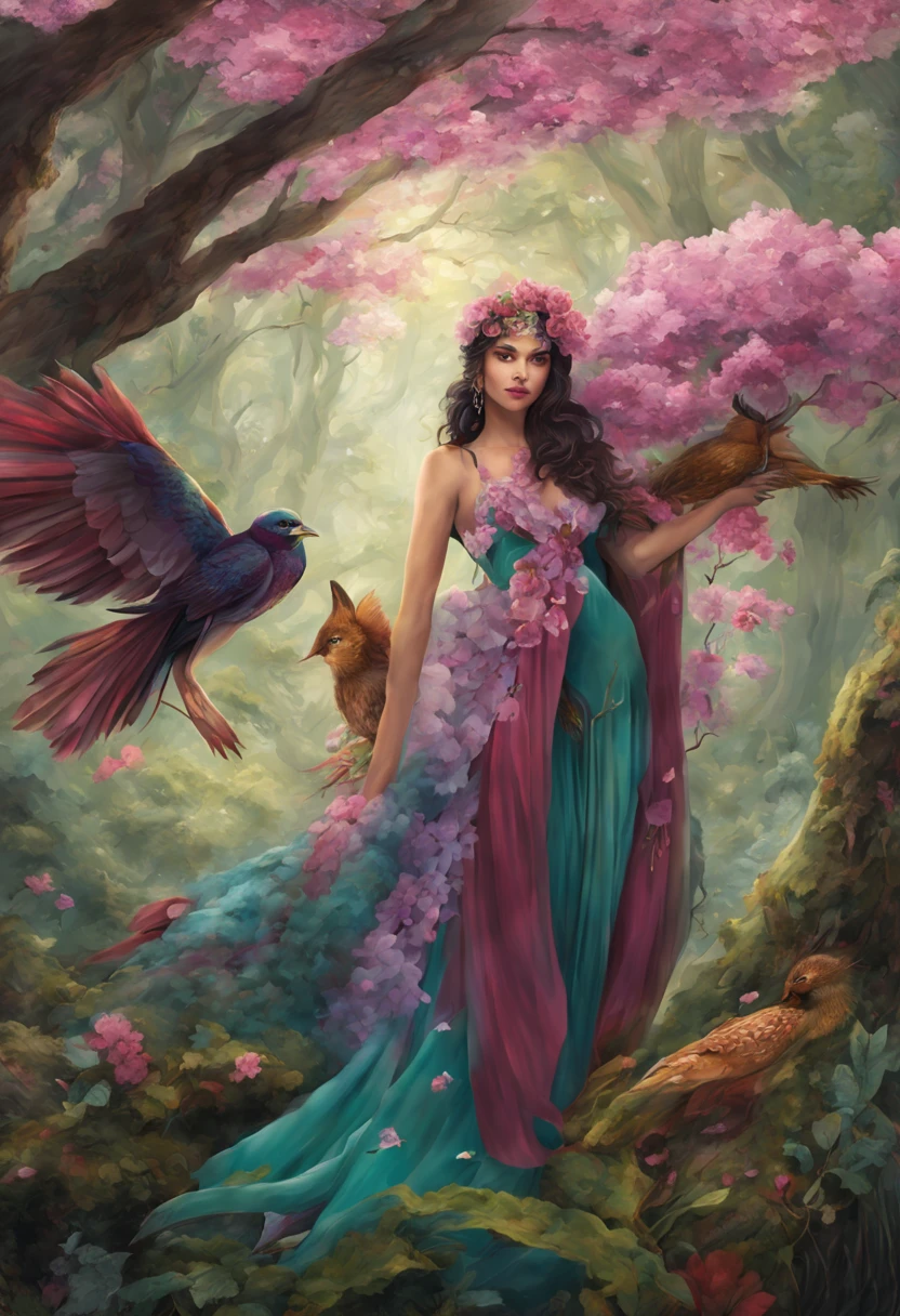 Based on the characteristics and qualities you mentioned, here is a description of a female character, a witch with lilac colors and who has the owl bird as part of her representation:

Silvana, a Bruxa Coruja, is a witch with a mysterious and exuberant aura. She emanates a lilac and pink energy, reflecting your connection with nature and the magic of the forest. Sua pele tem um tom suave e brilhante, como se estivesse iluminada pela luz do sol filtrada por densas folhagens.

His eyes are like gleaming emeralds, hipnotizantes e cheios de sabedoria. Seu cabelo, longo e exuberante, Ela&#39;sa cascata de fios verde esmeralda, adornados com penas e enfeites dourados, in honor of the peacock. Peacock feathers also extend from the head, formando uma graciosa coroa verdejante.

Silvana veste um vestido longo, fluido e elegante, made from organic red fabrics, that resemble pink flower petals. Her outfit is adorned with silver details.., representando as cores deslumbrantes da coruja. Ela usa uma capa azul-ceu, com uma cauda sutilmente estampada como as penas do animal que a acompanha.

In addition to its stunning appearance, Silvanas has magical abilities related to nature. She can summon the strength of peacocks, creating enchanting and hypnotic spells. Their powers are also linked to healing and renewal., podendo revitalizar a vida das plantas e dos seres vivos ao seu redor.

Silvanas is the guardian of the forest and defender of animals. She cares deeply about ecological balance and fights against those who disrespect nature. Her resilient spirit and ancient wisdom make her an inspiring leader for those who yearn for a deeper connection with nature........

Silvanas&#38; travel may involve protecting natural habitats, rescuing animals in danger and restoring the balance of nature. She is a compassionate and fair character, com um forte senso de responsabilidade