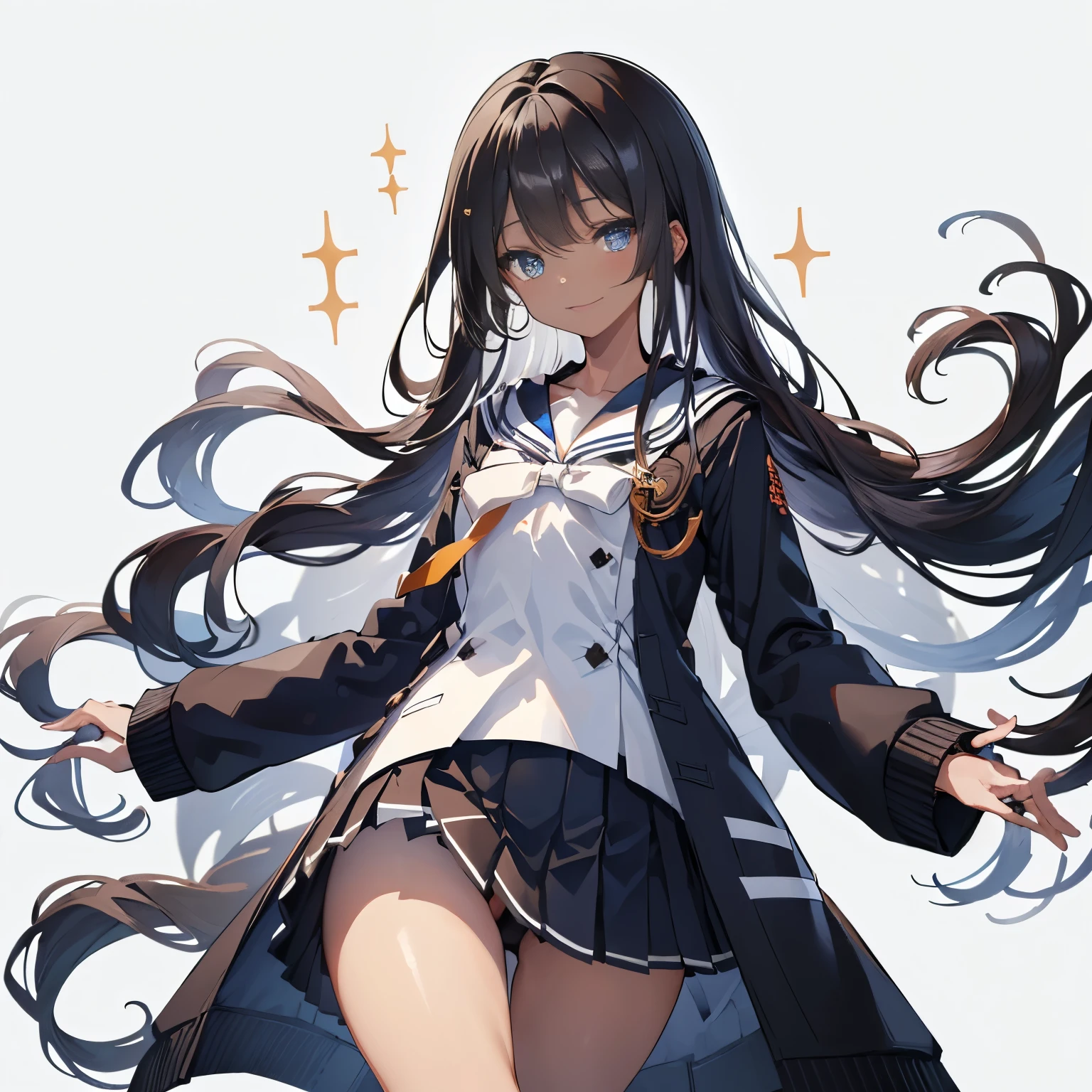 (masutepiece:1.2, Best Quality), (Best Illumination, extremely delicate and beautiful), [(1 girl in:1.5),(choco skin:1.4), smile, (sparkling navy blue eyes:1.3), (black hair:1.5) , flat chest,small stature,slender beauty,White school sailor uniform,(black coat:1.5), (blackskirt:1.5)Full body],(Pale white background:1.5),