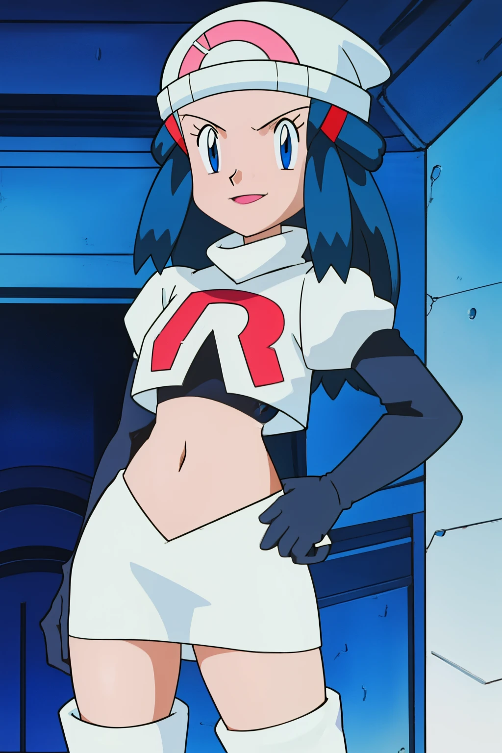 Dawn (pokemon), blue eyes ,1girl, solo, hat, glossy lips, earrings ,team rocket uniform, red letter R, white skirt,white crop top,black thigh-high boots, black elbow gloves, evil smile ,looking at viewer, cowboy shot, team rocket building in the background