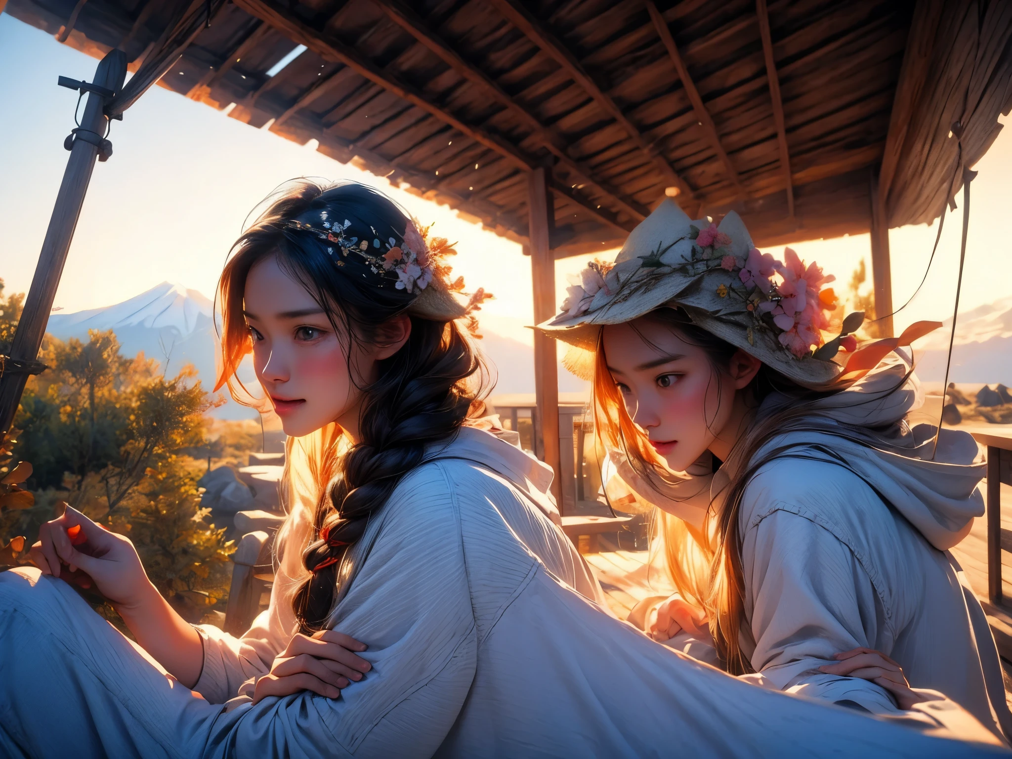 (masterpiece)、Realistic and cinematic light、Super detailed photos of high school girls、Solo Camping、Fire making experience、Curious look、smoke rising from the fire、Warm tones、The crackling sound of burning wood、delicate whisper of smoke、Beautifully braided hair with wildflowers、Sparkling eyes reflecting the flickering flames、A figure leaning forward staring into the fire、 Playful shadows dance、breezing、Peaceful and serene atmosphere、by lake、Mt fuji、Winters、snowscape, naked