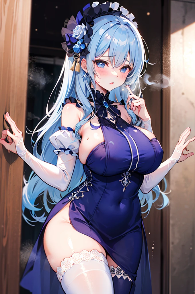 Perfect human body，1 girl， (very highly detailed background、Prom), 鎖骨，Gorgeous ****ta dresow knot，puff sleeves，semi transparent，(white stockings)，((woman with fever)), ((perspiring,steamy))), Colossal tits，((The expression of color)), (Blushlush:1.2),