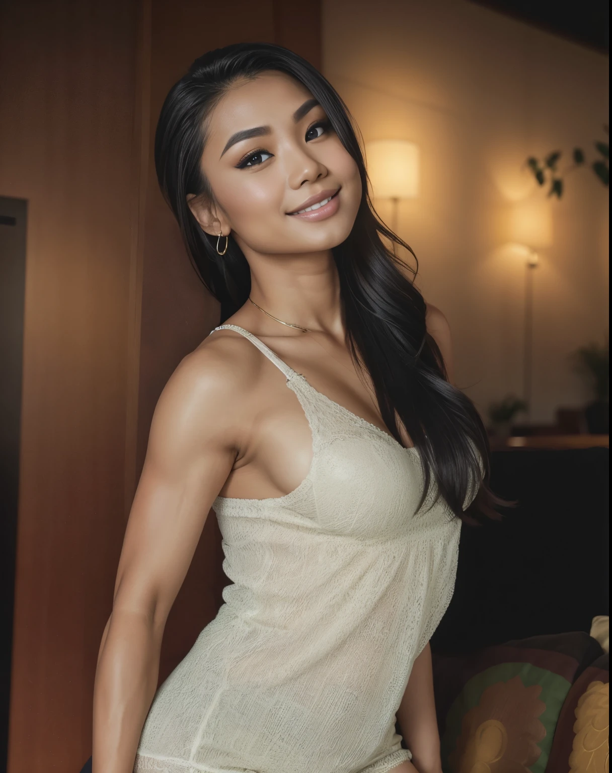 Young Thai woman, Fit physique, fitness physique, wearing sexy black lingerie sitting on the couch with legs open, corps sexy, (8k), (Best quality), (Masterpiece:1.3), (Realstic), (photoreallistic:1.34), Ultra-detailed, [beautiful detailed  eyes], (sourire), (sourire), (beautiful nose detailed), [very long blonde hair], (haut court), lingerie noire, (superbes seins taille normale), (gros plan), profondeur de champ, full body view, sitting on sofa, legs spread, showing crotch, pieds en l'air