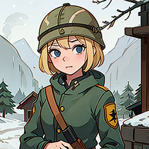 Young short finnish girl, blonde short hair, finnish world war 2 uniform, finnish world war 2 helmet, webbing, world war 2 rifle gun gun on back, winter forrest snowing