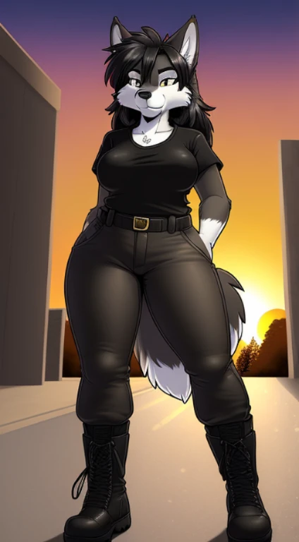by Rick Griffin, Rick Griffin, (((anthro wolf, woman, antrum, extremely detailed, extremely detailed legs, extremely detailed arms, extremely detailed face, perfectly detailed eyes, perfectly detailed anatomy))): 1.2, solo, ((1woman)), perspective, curved thighs, large thighs, curvature, (tail), driving car, sunset, standing, nervous, ((medium breasts)), ((long shaggy black hair)), ((toned)), ((fluffy fur)) ((black BDU shirt)), ((black BDU pants)), ((combat boots)), ((grey fur)),