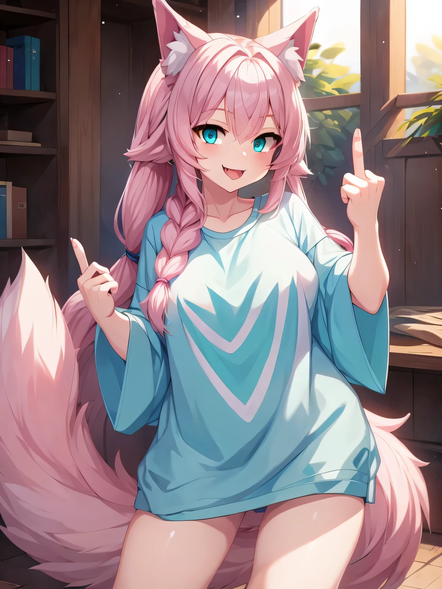 (Masterpiece) (High Detail) (High Res) a short ite humanoid girl with pale human skin, bright turquoise-coloured eyes, long pink hair in a braid and large fluffy pink dog ears and a big fluffy pink dog tail and average breasts wearing just a baggy oversized white t-shirt and holding up her middle finger to the viewer, and poking out her tongue. Pink Hair. Pink Tail.