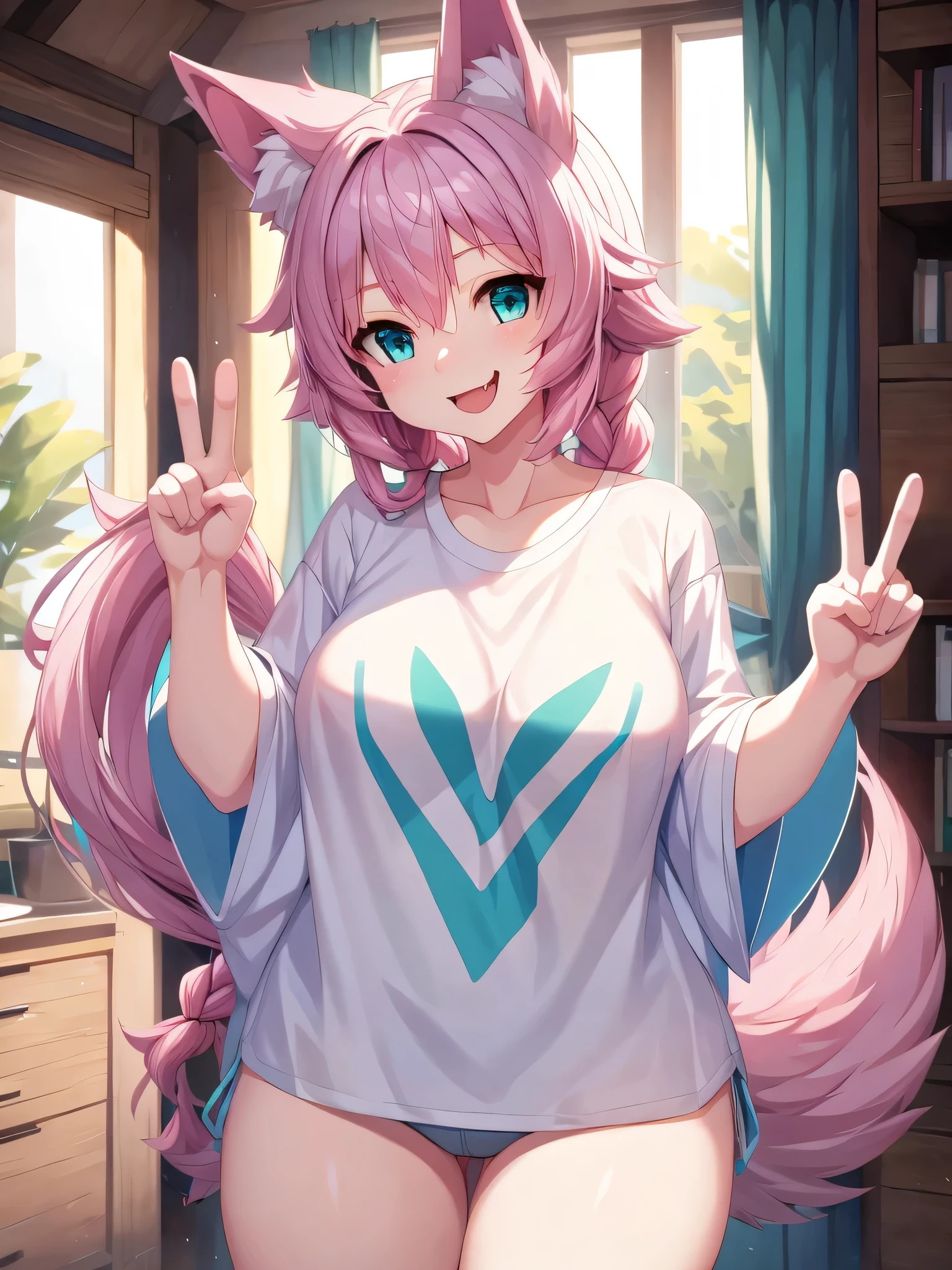 (Masterpiece) (High Detail) (High Res) a short petite humanoid girl with pale human skin, bright turquoise-coloured eyes, long pink hair in a braid and large fluffy pink dog ears and a big fluffy pink dog tail and average breasts wearing just a baggy oversized white t-shirt and holding up a peace sign to the viewer, and poking out her tongue. Pink Hair. Pink Tail.
