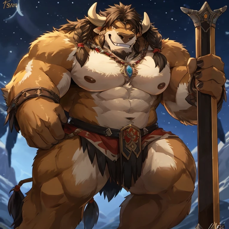 tauren，Burly，grinning smile，The king，huge weapon，Detailed character details