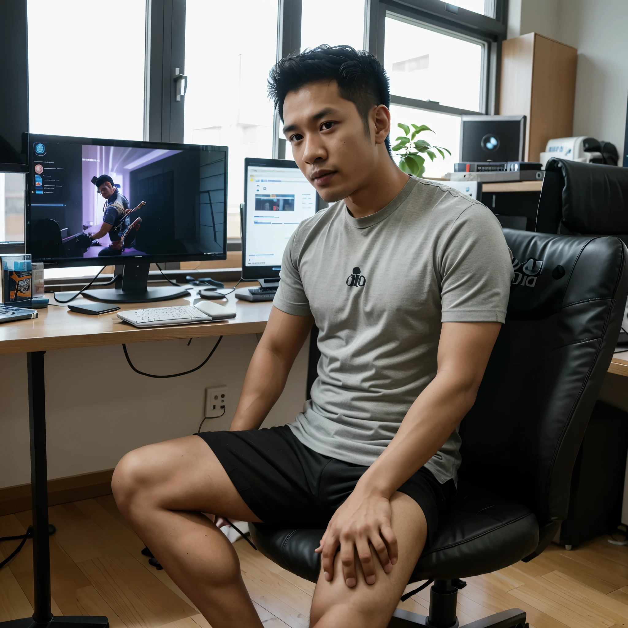 arafed indonesian man sitting in a chair using a cell phone, twitch streamer / gamer ludwig, profile picture 1024px, mid shot portrait, sitting at a computer, gaming chair, sitting in front of computer, sitting at a computer desk, gaming chair as a toilet, darren quach, andrew thomas huang, twitch streamer