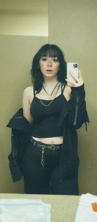 arafed woman taking a selfie in a mirror with a cell phone, with pale skin, she looks like a mix of grimes, goth girl aesthetic, 1 7 - year - old goth girl, looks like a mix of grimes, goth aesthetic, pale goth beauty, looks a blend of grimes, very very very pale white skin, resembling a mix of grimes, Big tits, huge tits, no clothes, sexy, cute, wide hips, thick thighs, pear-shaped body, minimal clothes, thick, bbw, chubby stomach, thick nipples, nipple piercings, large areola, hard nipples, piercing through shirt, nipples hard through shirt, busty, major cleavage, naked, ripping through top, boobs spilling over sides, bra too tight, giant tits, dominatrix, dominatrix clothes, revealing clothes