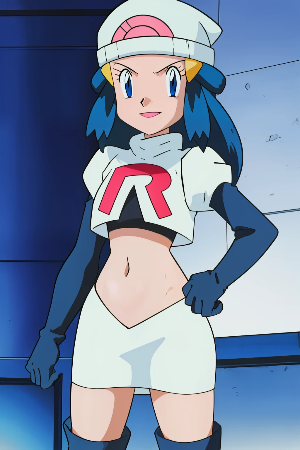 Dawn (pokemon), blue eyes ,1girl, solo, hat, glossy lips, earrings ,team rocket uniform, red letter R, white skirt,white crop top, black thigh-high boots, black elbow gloves, evil smile , cowboy shot, team rocket building in the background