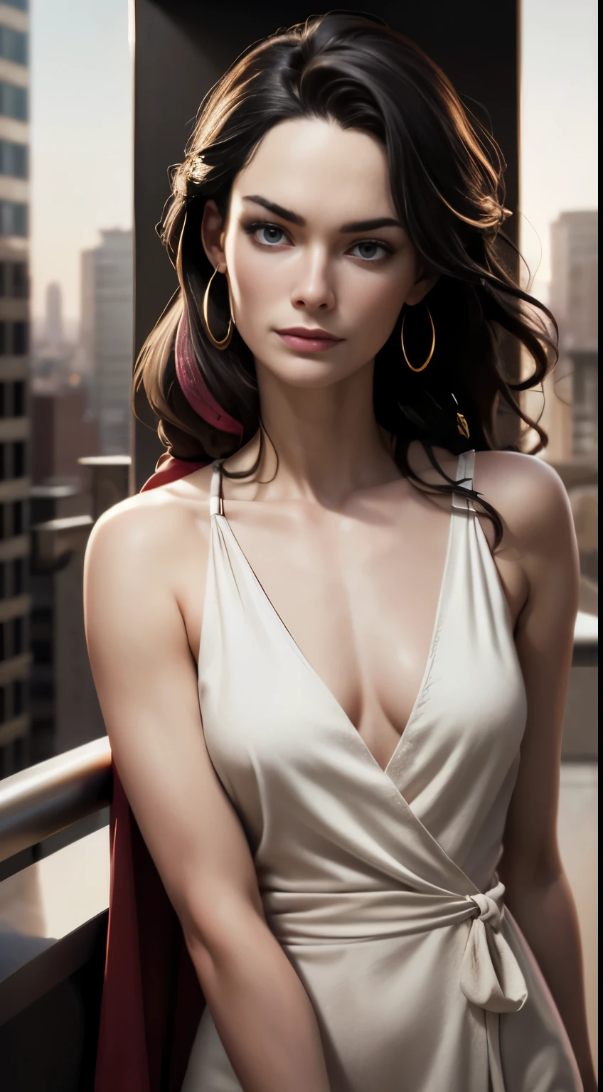 photo of Lena Headey, RAW, close up, beautiful woman, ((portrait)), ((detailed face:1.2)), ((detailed facial feature, detailed skin, clear skin), (perfect proportioned body), ((wearing a colorful wrap dress)) (high detailed city environment, apartment balcony), (realistic photo, best quality, detailed), (8k wallpaper), (cinematic lighting, dramatic lighting) (sharp focus, intricate)
