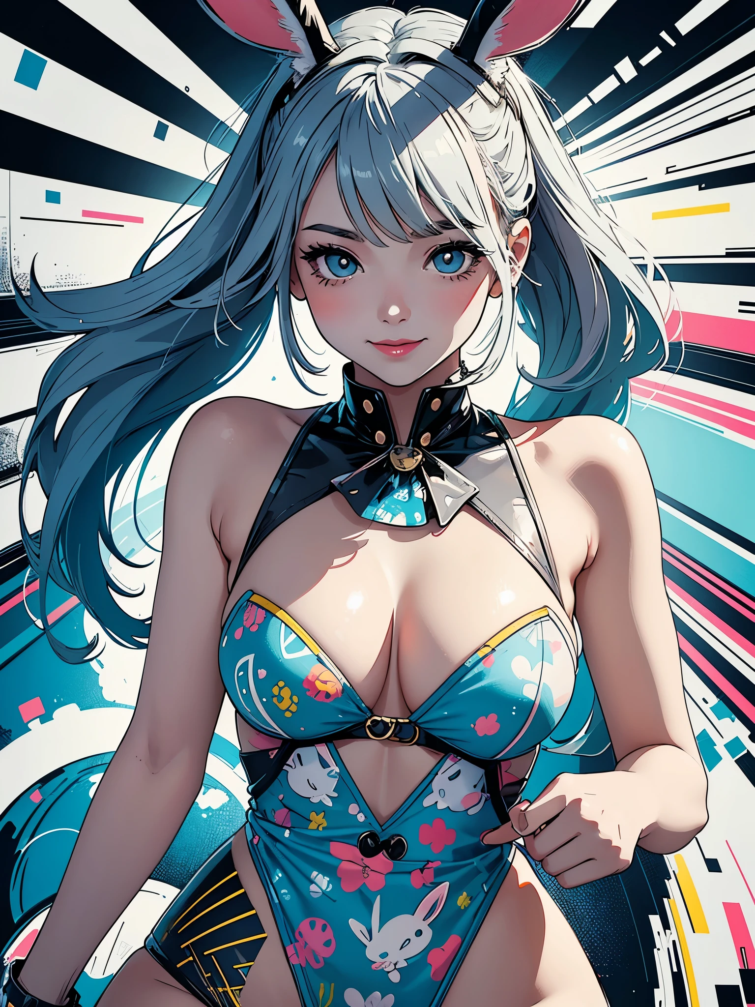 Create digital artwork in pop art style、Features a smiling bunny girl with detailed details、Street fashion、Movie color schemes、Surrounded by vintage rabbit motifs、Vivid brush strokes、Emotions must be dynamic、Upper body、Side、Drawing、Illustration、grayscales、Tropical、many rabbits、