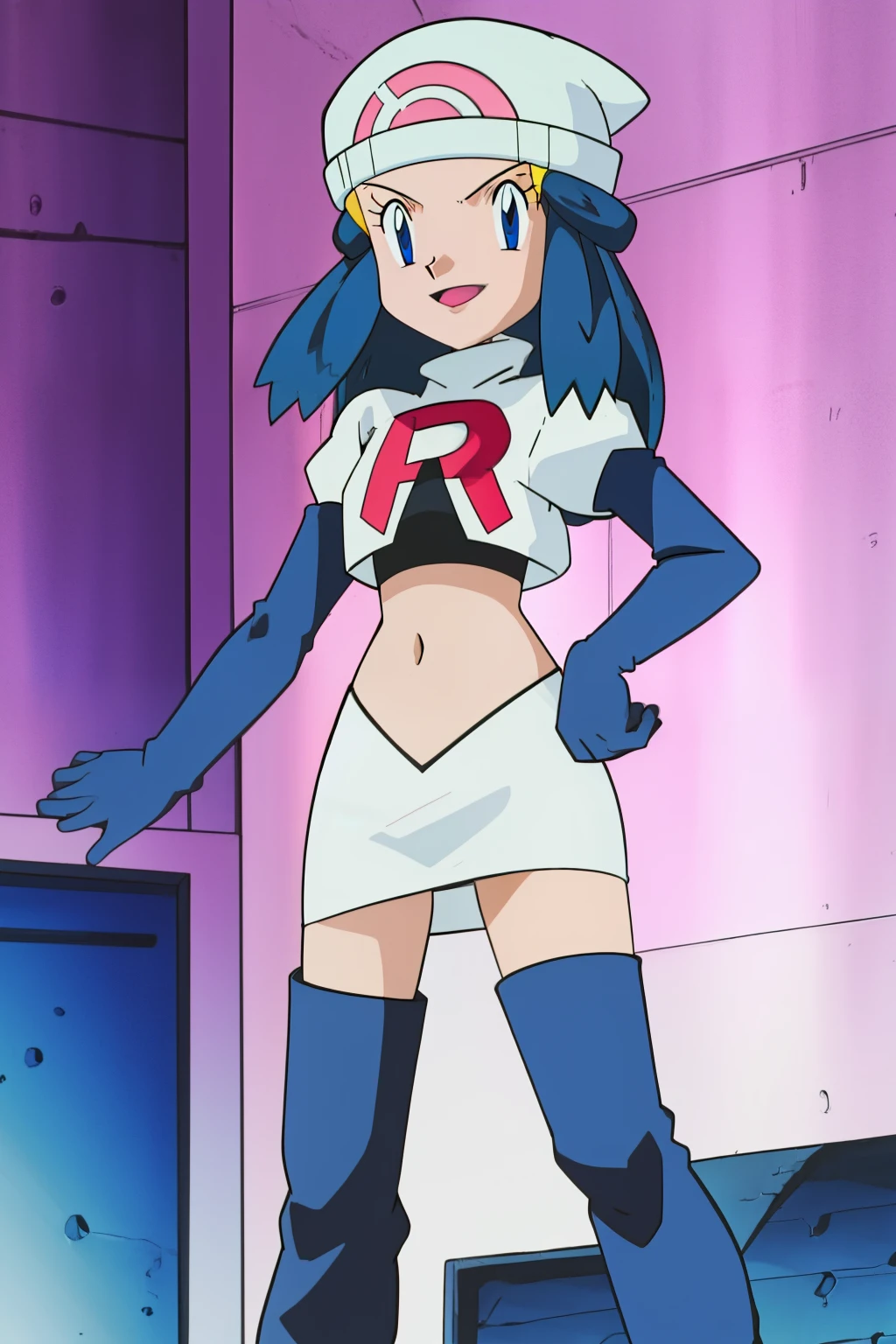 Dawn (pokemon), blue eyes ,1girl, solo, hat, glossy lips, earrings ,team rocket uniform, red letter R, white skirt,white crop top, black thigh-high boots, black elbow gloves, evil smile , cowboy shot, team rocket building in the background