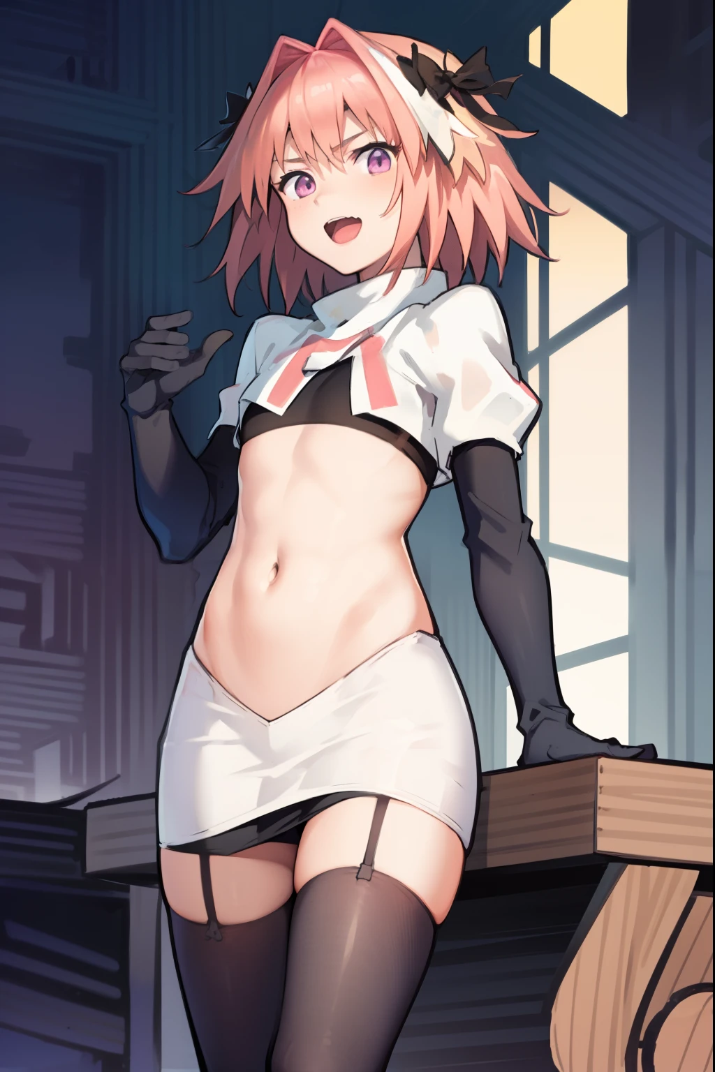 absurdres, masterpiece, best quality, (astolfo fate:1.2155), 1boy, male focus, trap, pink multicolored hair, pink hair, white hair, hair intakes, long hair, pink detailed eyes, crossdressing,1boy, team rocket,team rocket uniform, red letter R, white skirt,white crop top,black thigh-highs,black elbow gloves