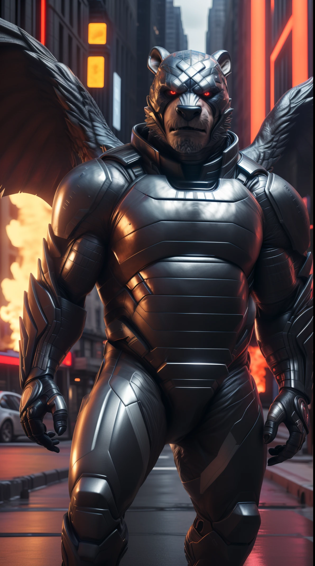 (best quality,16k,32k,highres,masterpiece:1.2),ultra-detailed,(realistic,photorealistic,photo-realistic:1.37),(boss Orochi Curt) looking at the viewer serious expression a realistic background of New York City on fire bright red eyes wearing Wearing Cyborg Armor super villain pose Black angel wings expression of serious courageous and confident.