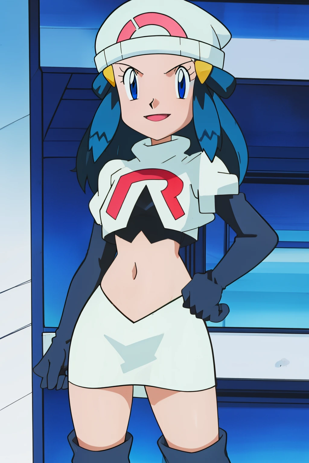 Dawn (pokemon), blue eyes ,1girl, solo, hat, glossy lips, earrings ,team rocket uniform, red letter R, white skirt,white crop top, black thigh-high boots, black elbow gloves, evil smile , cowboy shot, team rocket building in the background