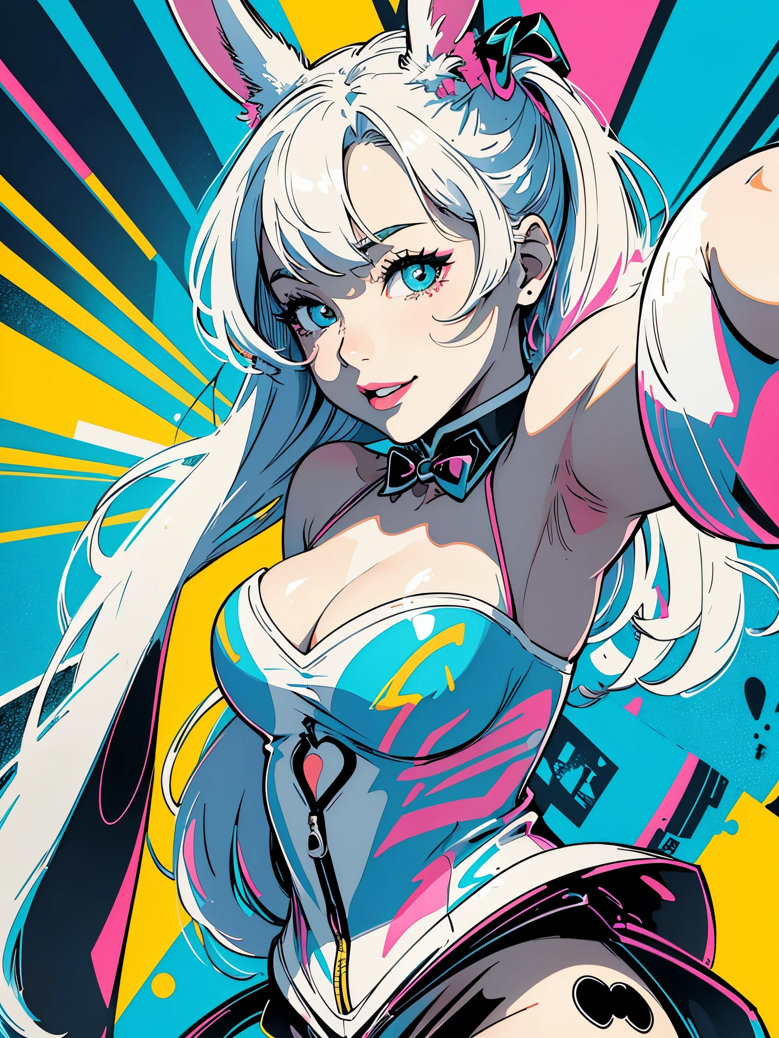 Create digital artwork in pop art style、Features a smiling  girl with detailed details、Turn、look at a camera、Street fashion、Movie color schemes、Surrounded by vintage rabbit motifs、Vivid brush strokes、Emotions must be dynamic、Upper body、Side、Drawing、Illustration、grayscales、Tropical、many rabbits、