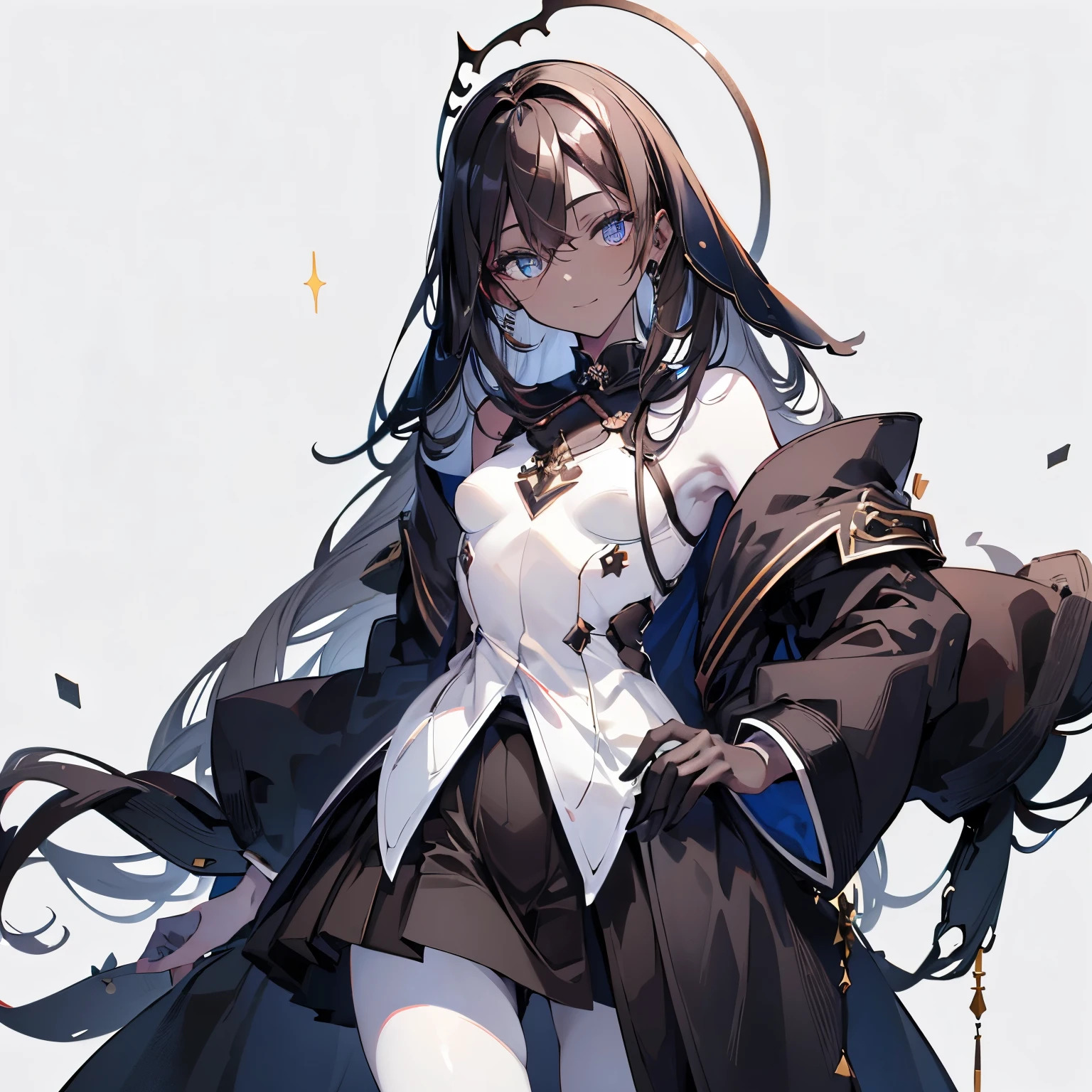 (masutepiece:1.2, Best Quality), (Best Illumination, extremely delicate and beautiful), [(1 girl in:1.5),(choco skin:1.4), smile, (sparkling navy blue eyes:1.3), (black hair:1.5) , flat chest,small stature,slender beauty,(black coat:1.5), (blackskirt:1.5)Full body],(Pale white background:1.5),