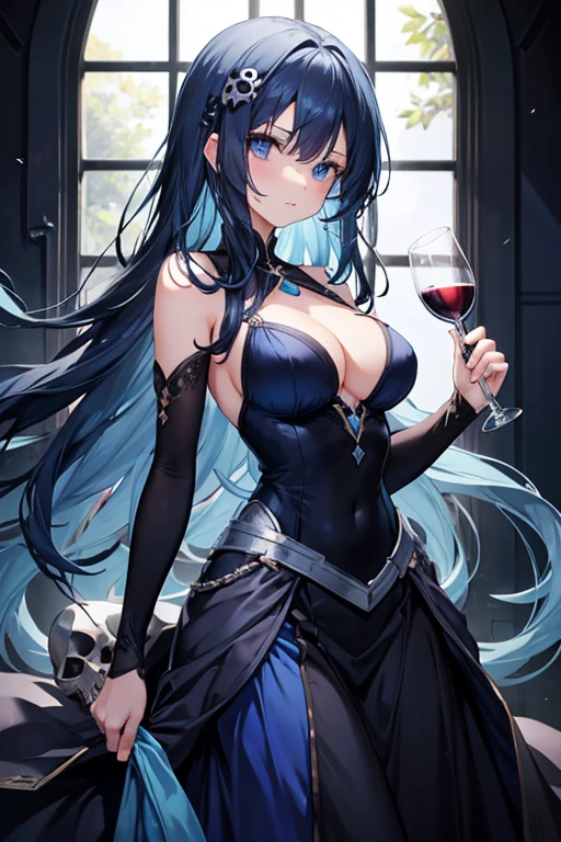1girl, 18 years old, long dark blue hair, blue eyes, blue short long dress, princess death, skull hair clip, serious, holding glass of wine, boobs, hour glass body.