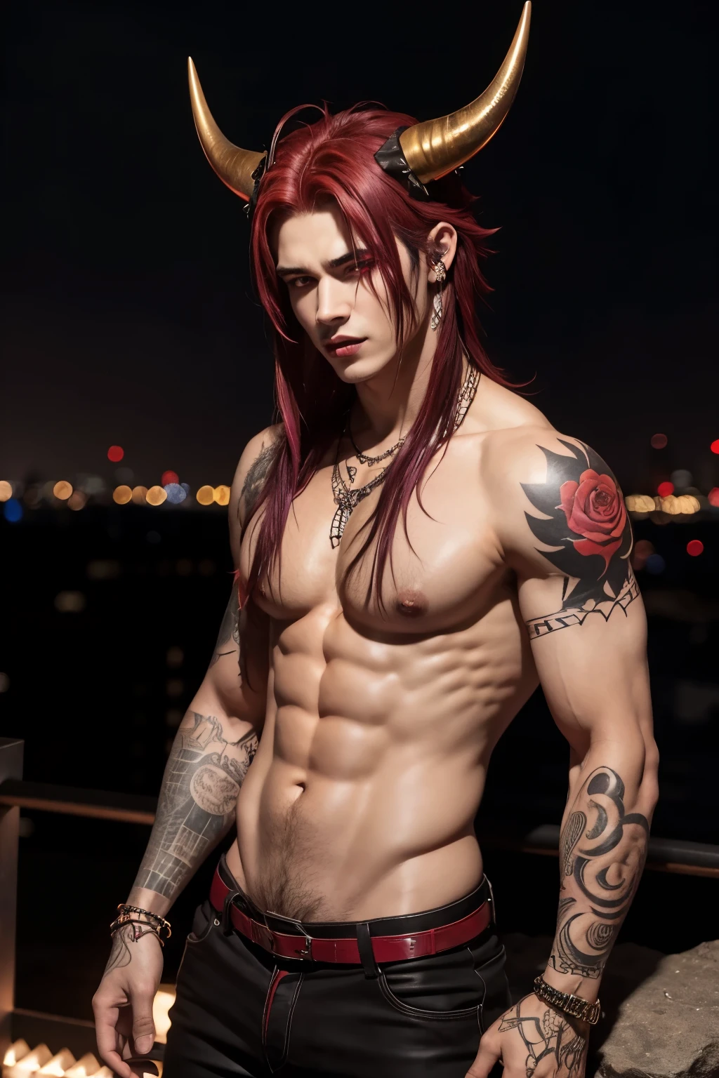 Handsome demon man, 18 years old, 2 horns, red skin, dark rock style, yellow eyes, bare chest, on a night city background, tattoos of skulls and roses, piercings on the nipples, purple red hair, horns