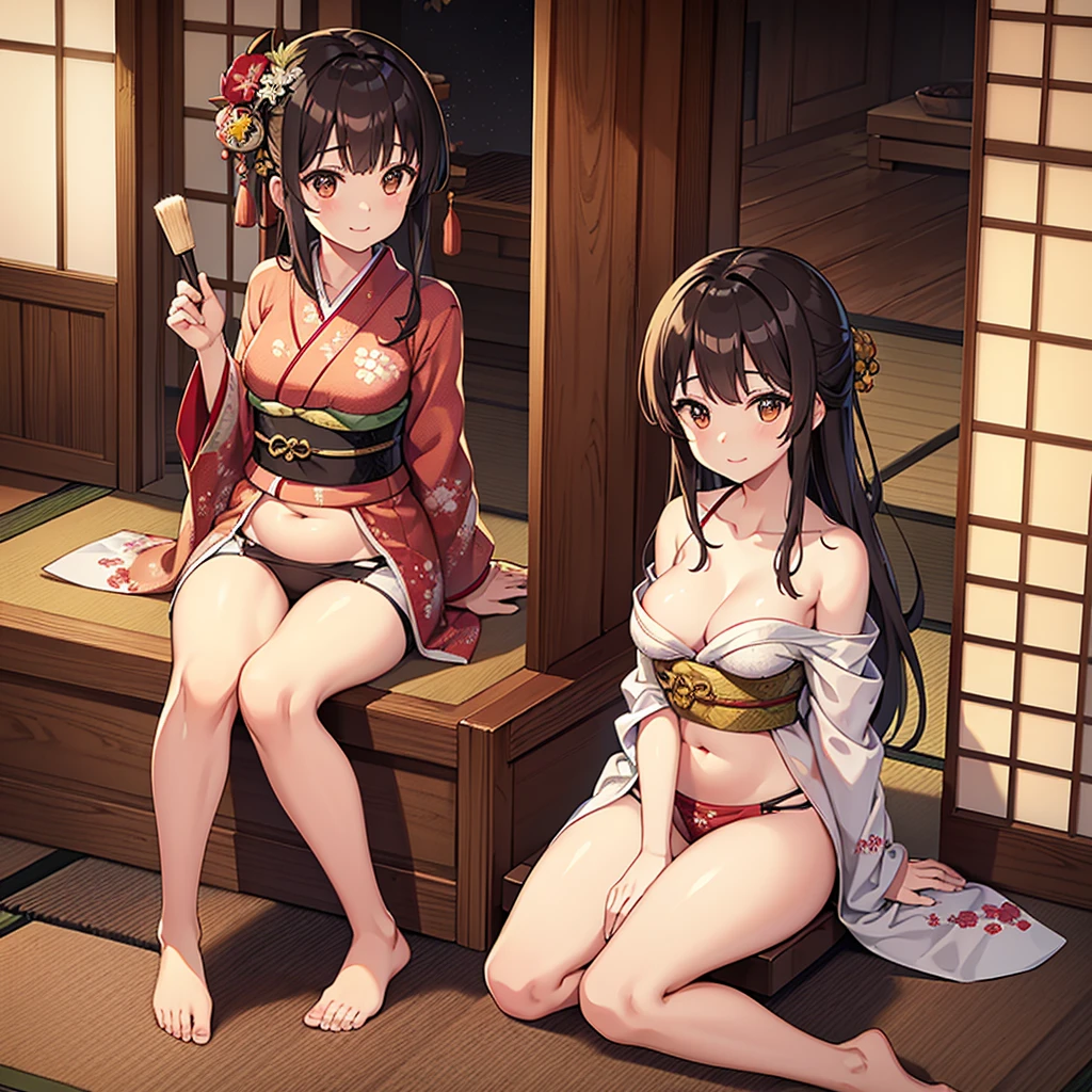 High-quality, High-resolution, Anime, Warm main color, Overhead camera angle, Exposing only the belly and navel, Facing forward, Beautiful woman, Warm indirect lighting, New Year's preparation tools, Unknown nationality, Seated in a traditional room, Calm sitting pose, Beautiful facial features, Gentle smiling expression, Long hair visible from the navel, Brown hair, Wearing a traditional outfit (kimono), Detailed eyes, Calm mouth expression, Brown eyes, Smooth skin texture, Exposing only the belly and navel, Moderate bust size, Young, Slim body type, Subtle sensuality, No accessories, New Year's decoration tools, Barefoot, Intricate embroidery on the kimono, No surrounding animals or pets, Warm Japanese-style room, Tatami flooring background, Fireplace lighting, Traditional Japanese architecture, Snowy landscape visible through the window, Clear winter weather, Daytime, Calm and warm atmosphere, (The background is rich and delicate)