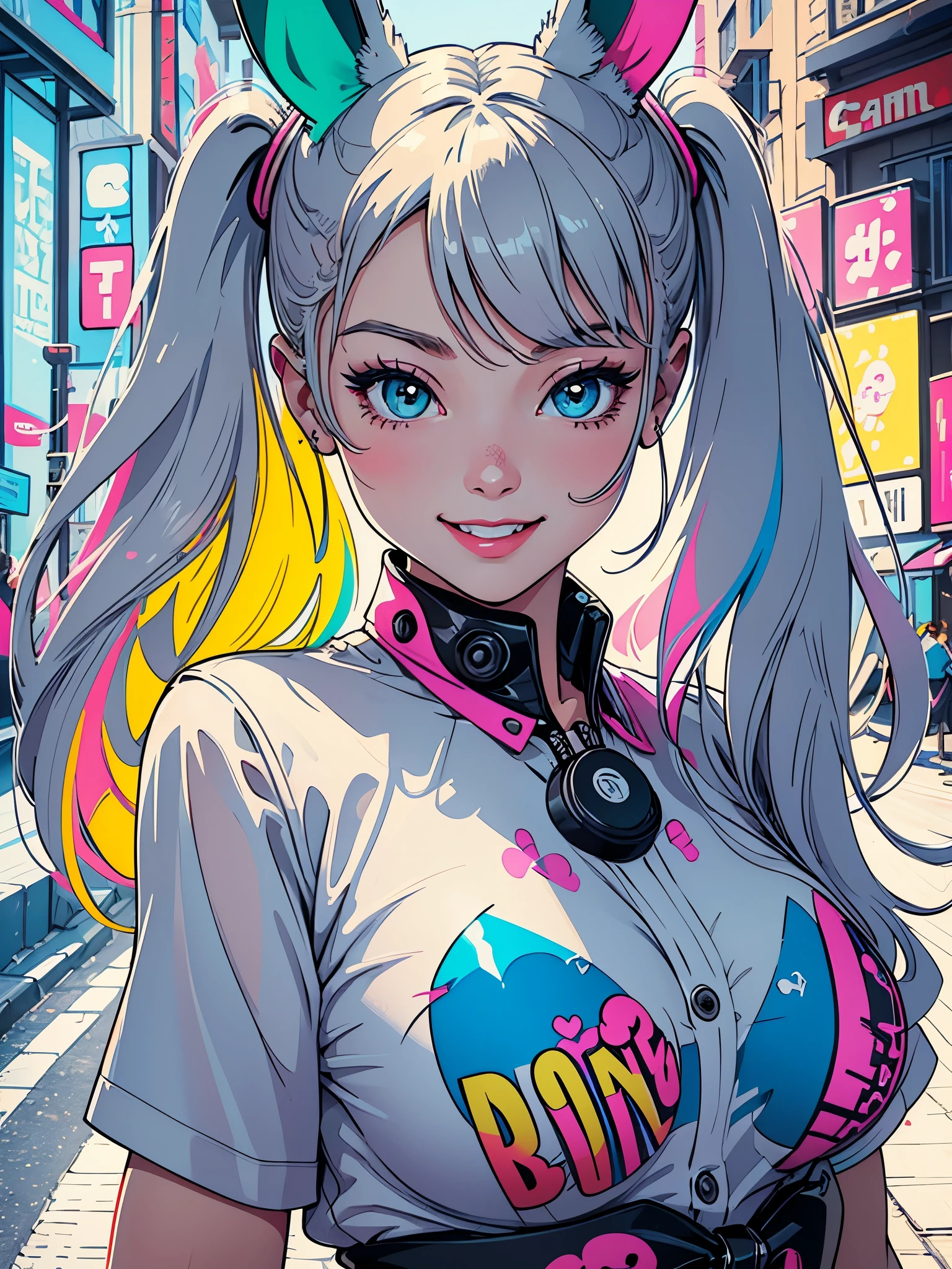 Create digital artwork in pop art style、Features a detailed bunny girl、Street fashion、Movie color schemes、Surrounded by vintage rabbit motifs、Vivid brush strokes、Emotions must be dynamic、Upper body、Drawing、Illustration、grayscales、Tropical、Many rabbits、