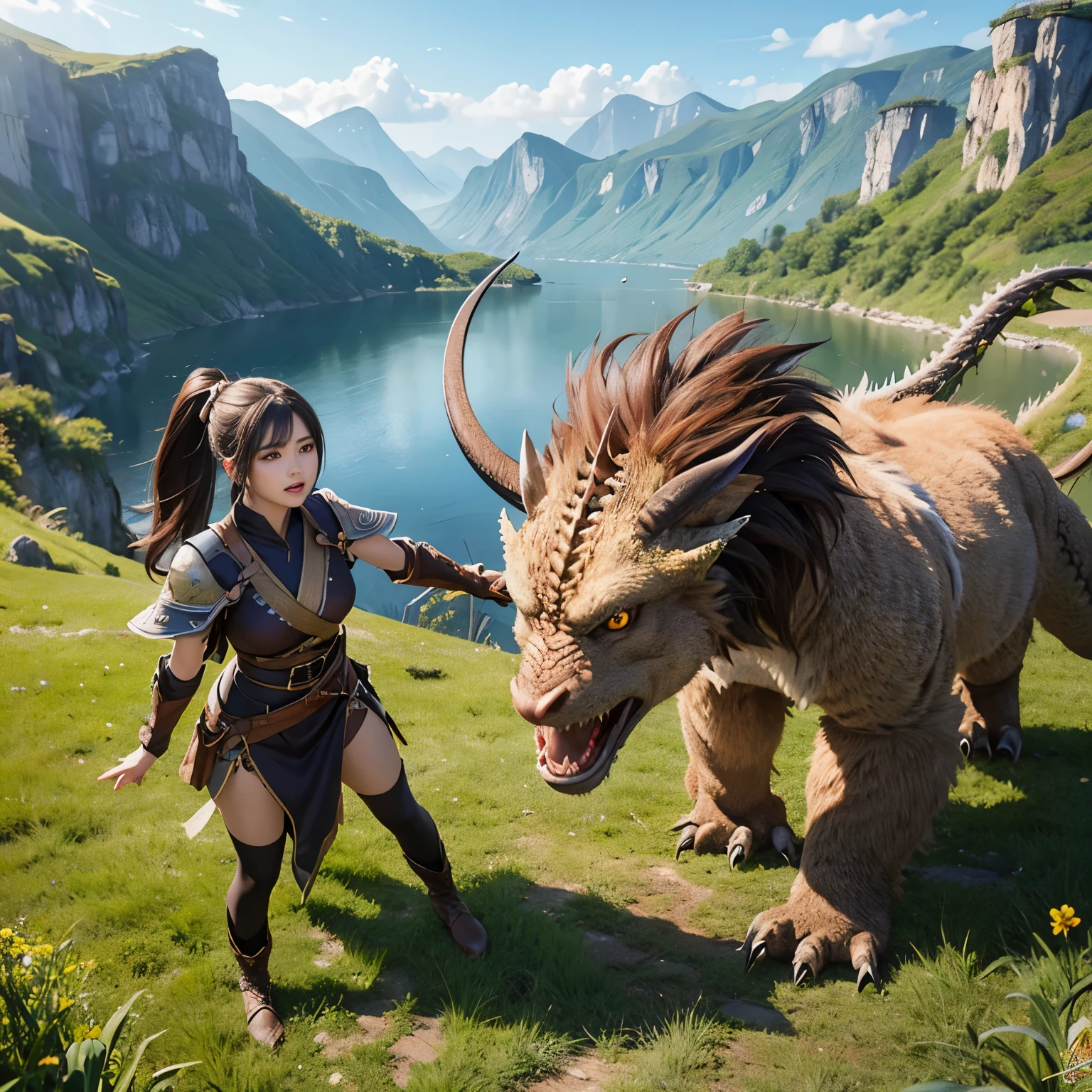 超A high resolution、An ultra-high picture quality、8K、Detailed details、marvelous expression、Beautiful slender woman、fight the dragon monster、Monster Hunter Character Costumes、Vast grassland background、