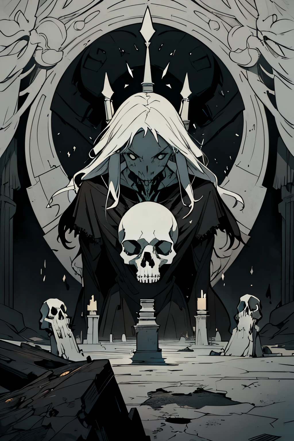 best quality,masterpiece:1.2,detailed skull,silent,bone fragments,dark,ominous atmosphere,horror,spooky,black and white,high contrast,shadows,cracked texture,vivid details,ancient,death,decay,macabre,gothic,haunting,dreadful,creepy,grayscale,moonlight,skeletal remains,silence,endless abyss,desolation,distorted,ghostly,eternal rest,barren landscape,loneliness,stillness,unearthly,empty,forlorn,lifeless