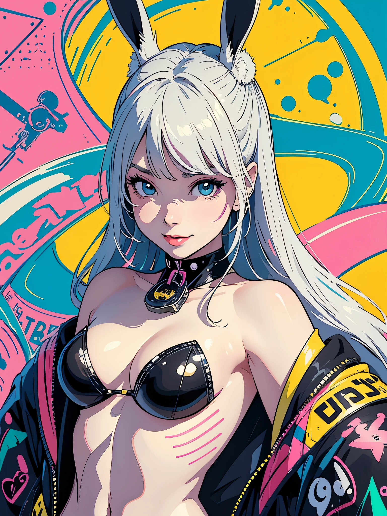 Create digital artwork in pop art style、Features a smiling bunny girl with detailed details、Turn、look at a camera、Street fashion、Movie color schemes、Surrounded by vintage rabbit motifs、Vivid brush strokes、Emotions must be dynamic、Upper body、Side、Drawing、Illustration、grayscales、Tropical、many rabbits、