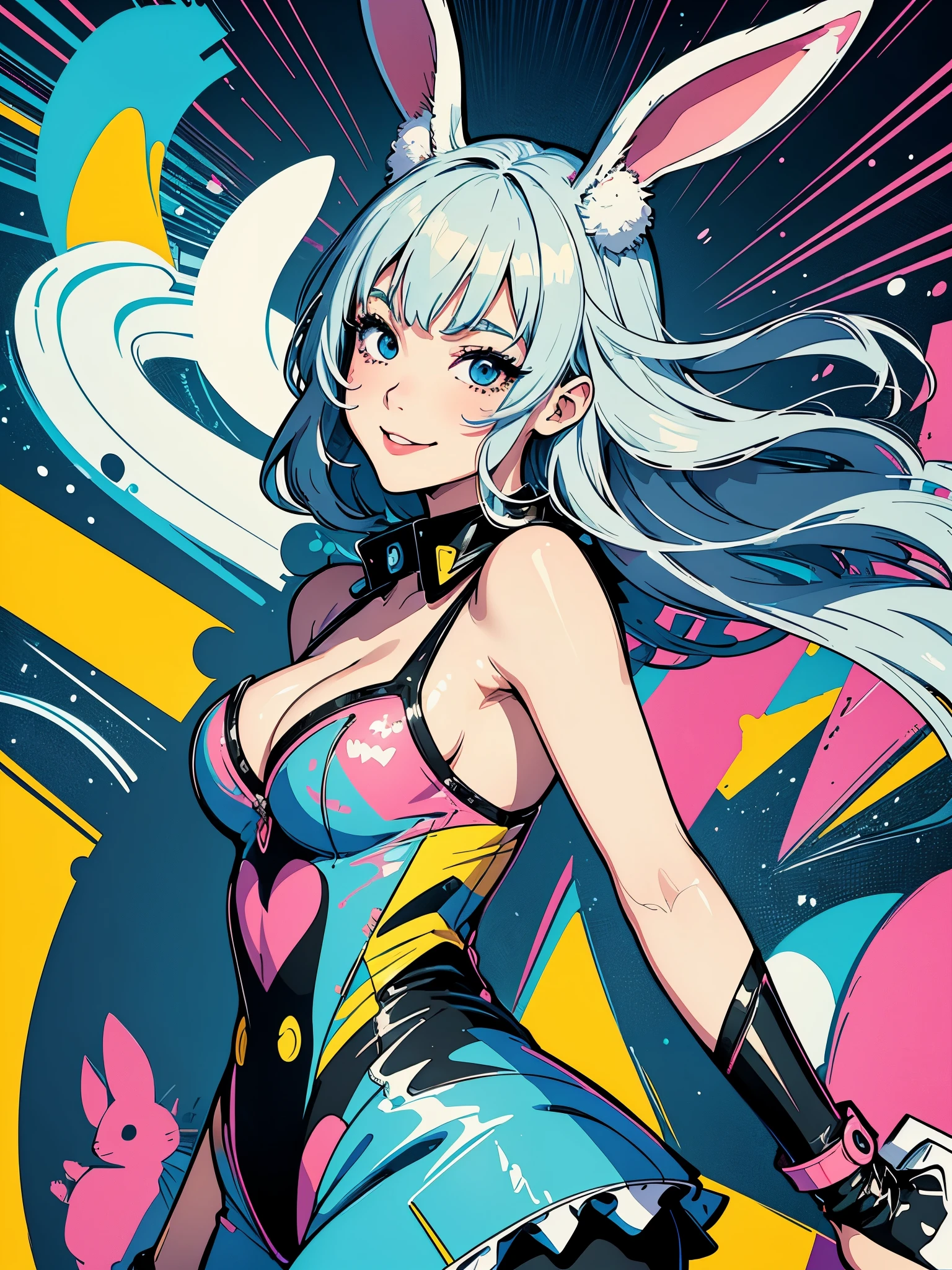 Create digital artwork in pop art style、Features a smiling bunny girl with detailed details、Turn、look at a camera、Street fashion、Movie color schemes、Surrounded by vintage rabbit motifs、Vivid brush strokes、Emotions must be dynamic、Upper body、Side、Drawing、Illustration、grayscales、Tropical、many rabbits、