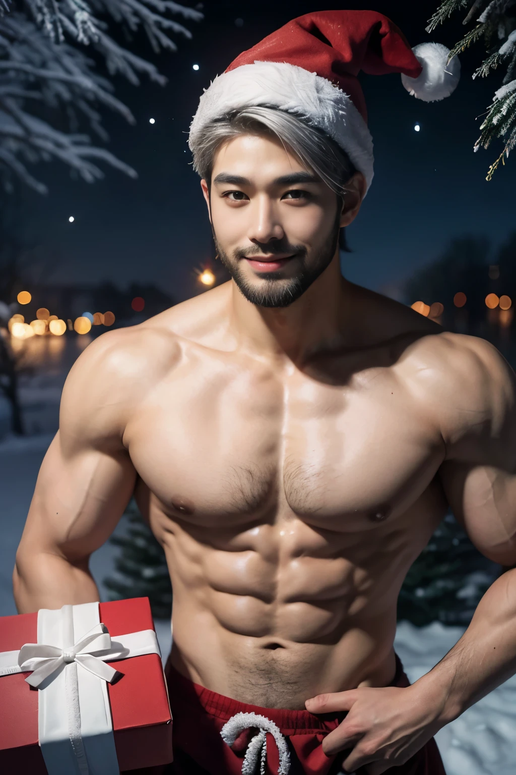 Young man,asian, cute ,smiling, handsome, muscular, Santa claus style, silver hair, santa's hat, abs, shirtless, short beard, hot, red micro Brief, bulging , full body, night, snowy, snowman, christmas tree, gifts
