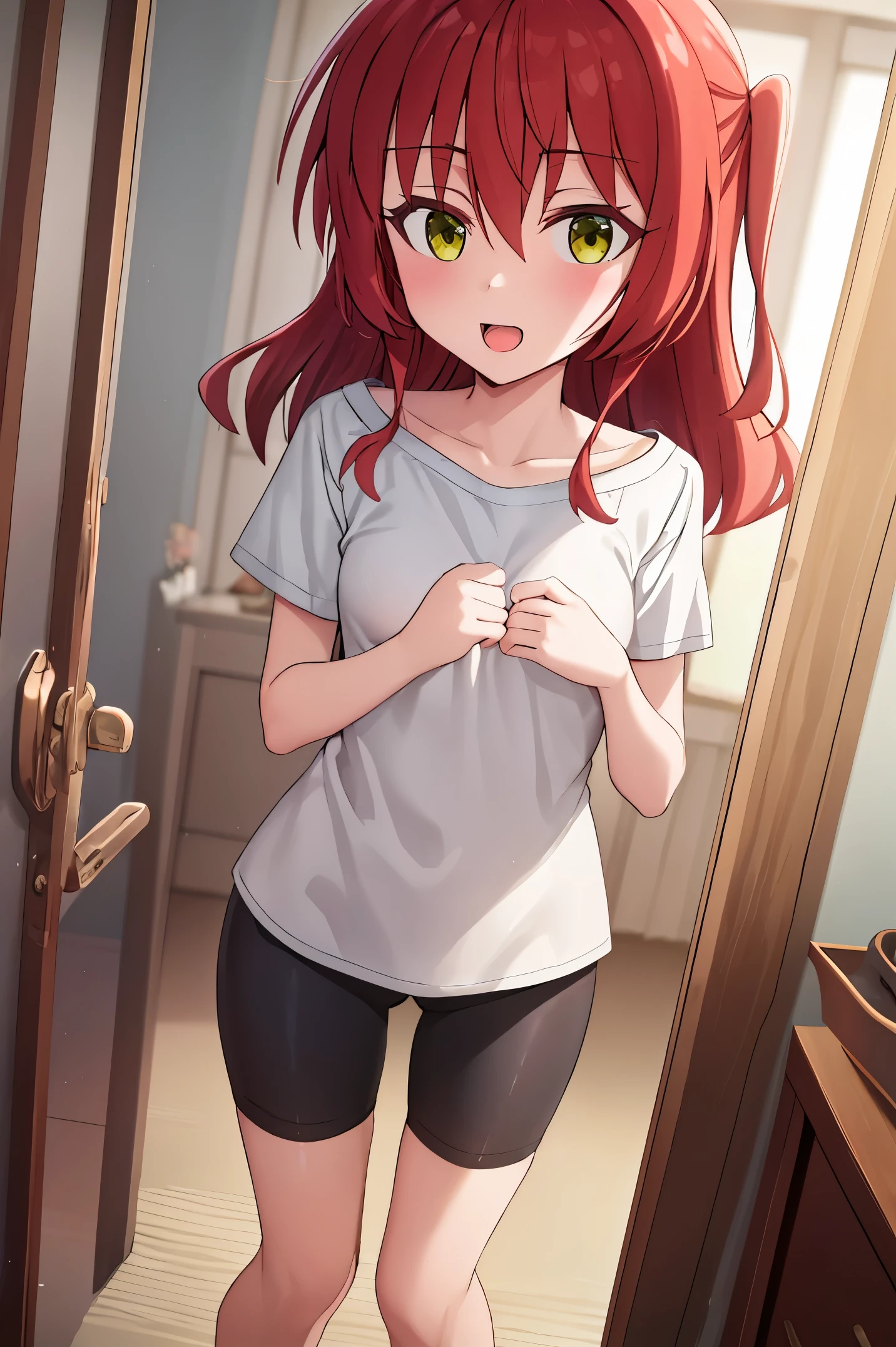 1 girl, best quality, ultra high res, long hair, red hair, green eyes, looking at viewers, small breast, standing, pov, slim body, loli body, small body, smile, open mouth, yellow t-shirt, short sleeves, bike shorts, bedroom, white bed sheets,