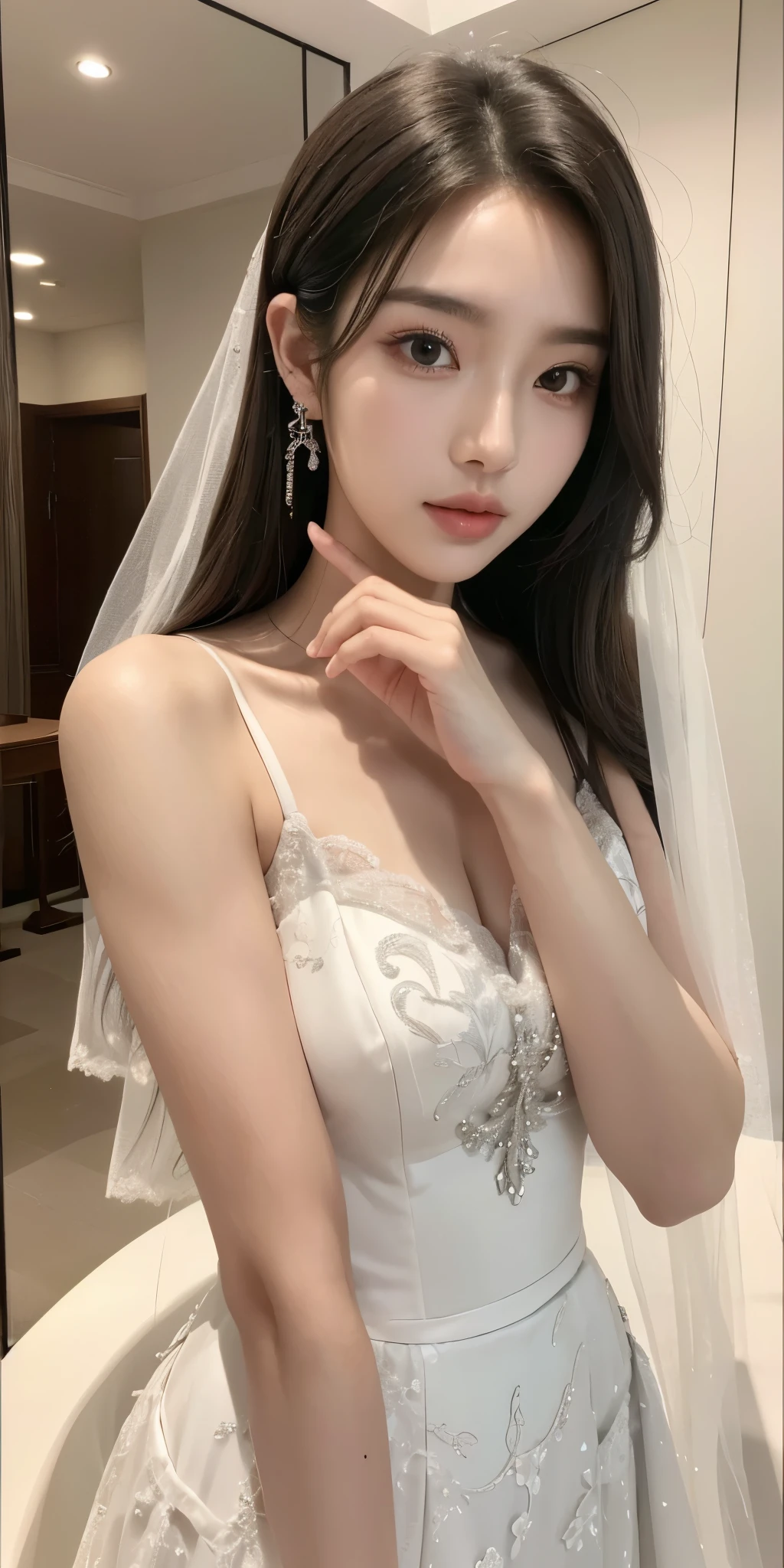 (Best quality, 8K, tmasterpiece, hyper HD: 1.3), (K-pop idol: 1.3), 1 , (The large: 1.2), (Long gray hair), Abs, perfect body figure, Ultra-fine face, Exquisite, pretty eyes, 二重まぶた, Hands are super thin, Ultra-thin fingers, ((Korean wedding dress)),开衫Elegant , detailed , Elegant , Luxury hotel 5 star,,