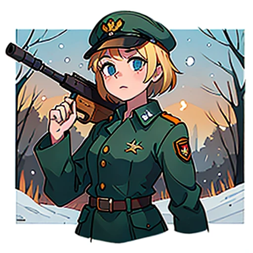 Young short girl, blonde short hair, world war 2 germen uniform, world war 2 germen cap, webbing, world war 2 rifle gun gun on back, winter forrest snowing