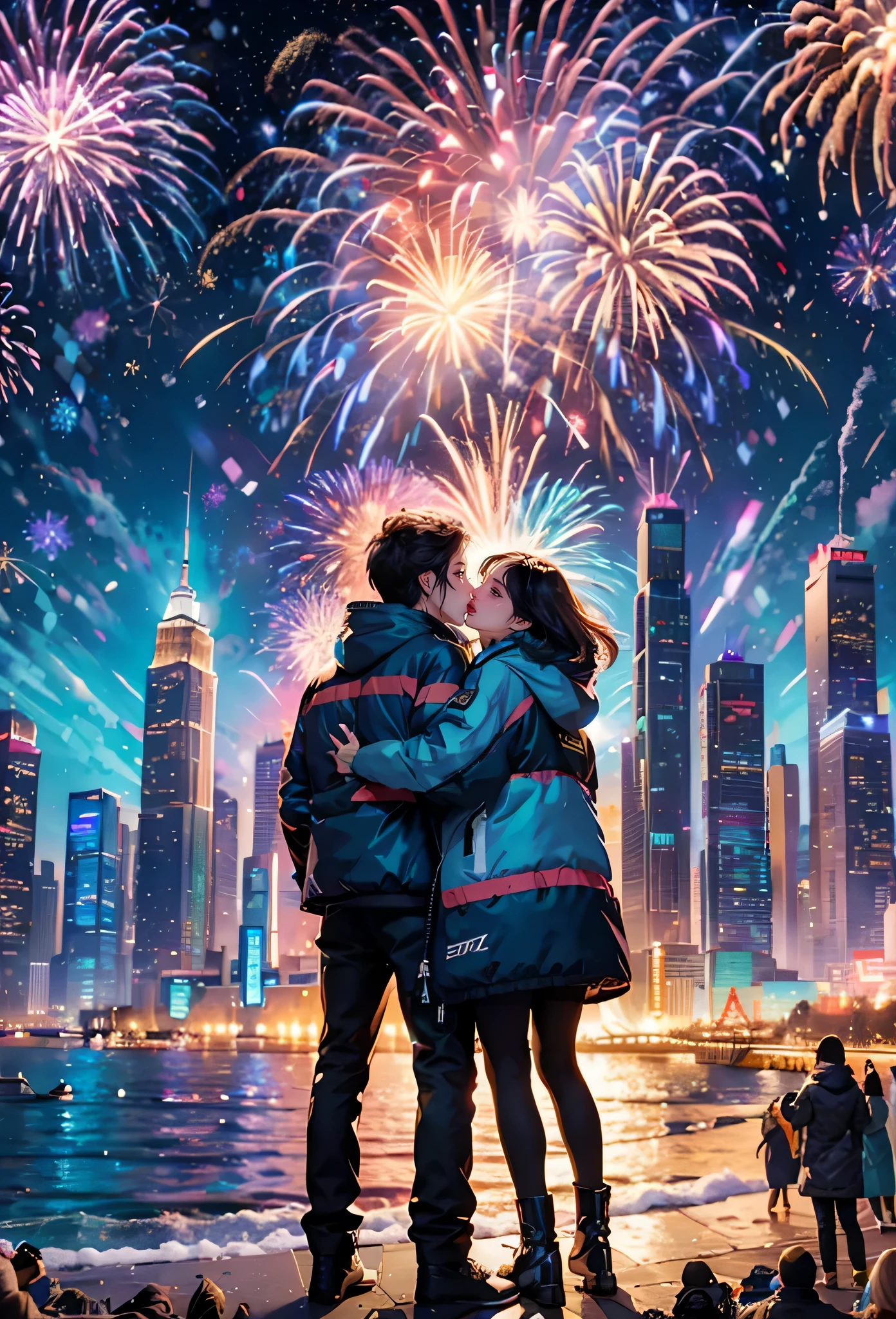 (tmasterpiece),（ultra - detailed：1.3），Best quality at best，（Sparkling fireworks:1.2），（new year，concert celebration:1.4），(at winter season，Men and women wear couples&#39;down jacket: 1.5), gorgeous color，crowd of，As estrelas，(riverbank)，(city night scene，skyscrapper:1.8), The world of dreams, Lovely design style, Grand celebration，brilliant colorful，Happy mood，Fireworks explosionestive atmosphere，permanent memory，Vibrant colors、The color is just right，1.Realism increased by 4 times，hyper HD，Everything is displayed in this beautiful scene，（The content is very detailed，Reasonable design，Clear lines，High- sharpness，tmasterpiece，offcial art，movie light effect，8K）