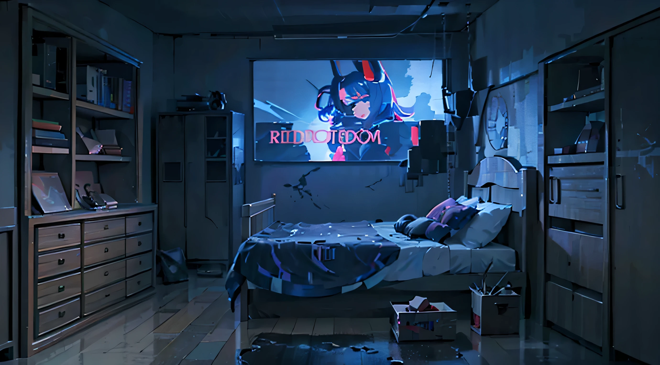 Dormitorio Arafed con una cama, escritorio, y un televisor, Dormitorio infantil cyberpunk, Dormitorio adolescente cyberpunk, Sala de juegos, in a cyberpunk themed room, gamer themed, Sala de juegos, Children's room, futuristic room, Ioyful Ambience and lighting, gamer aesthetic, scifi room, estilo de juego interior, Dormitorio cyberpunk por la noche, teenager hangout spot, coloreado 2d anime, color 2d anime, estilo anime, escena anime, anime 2d, color 2d anime, 2d anime lighting.