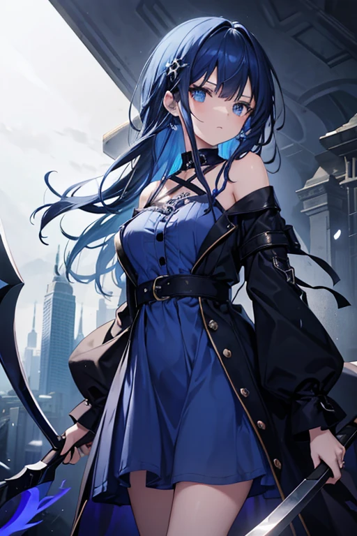 1girl, 18 years old, long dark blue hair, blue eyes, holding a scythe, blue short nightgown, princess death, skull hair clip, serious.