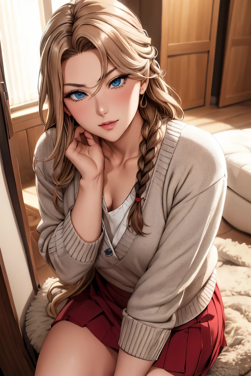 masutepiece, (Best Quality), 1womanl,1girl in ,reika_Classic, Long hair, Brunette hair, Blue eyes, braid, single braid, Hair intake, hair over shoulder, (maturefemale), Skirt, Sweaters, Cardigan, house wife, Sexy Woman, , blush vibrant colors ,,Natural lighting ,nffsw, hair between eye , Beautiful, (Detailed face:1.2), showcase, (Perfect eyes:1.2) ,(Photorealistic:1.1), 8K UHD, Looking at Viewer, indoorcircular、(((tiny chest)))