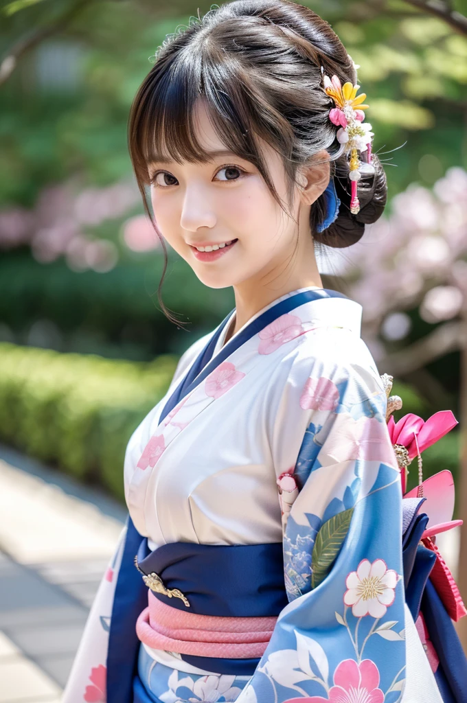 1girl,medium shot,Panorama,full body,standing,looking at viewer,SONY 30 F/5.6,Wearing an ornament on the head,(kanzashi,Colorful kimono,Pink Kimono,Kimono with gorgeous and elegant designs,highest grade obi,Kimono of Kyo Yuzen,Kimono dyed by Kyotomo,Furisode,Floral pattern in Japanese style:1.5),January,There&#39;s a little snow left,Best Quality,4K,8K,hight resolution,masutepiece:1.2,Realistic,tre anatomically correct,Use natural light and color,Ultra-realistic capture, Highly detailed,人間の皮膚のhight resolution16kクローズアップ,Skin texture must be natural, Detailed enough to finely identify pores. Skin should look healthy,fine-grained white skin,(medium breasts),Sharp Focus,In a uniform tone,Ultra-detailed,extremely detailed eye and face,Beautiful detailed eyes,Beautiful detailed lips,long eyelashes,Photorealistic:1.37,japanes,beautiful and magnificent composition,masutepiece,Attractive,Cute,silky smooth hair,A smile,(Silver hair color),
