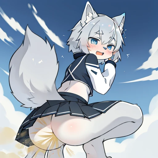 Movmovno、relaxed、A little sleepy、expression sad、He has farting gray hair and furry ears.、eyes are blue、Wolf Girl。The back is black。strong wind is blowing。Hair is flying。The action of lifting a skirt。squatting action。open open mouth。