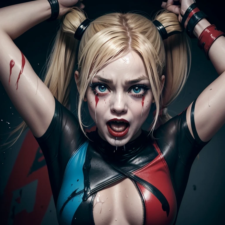 Harley Quinn, hanging upside down, her face next to a man's penis, he touches her face with his penis, she is screaming, her hand are handcuffed together, the man is pulling on her hair, his penis sprays Harley in the face with cum, her face is drenched in semen, her clothes are ripped, she is wet