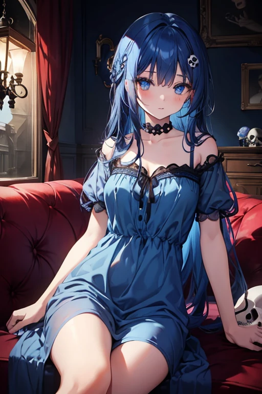 realisitic、top-quality、lying on the bed,　(One woman:1.5)、Long hair, Gentle, Blushing, Witch, Blue hair, blue costume、witch hat、Cute、medium chest
