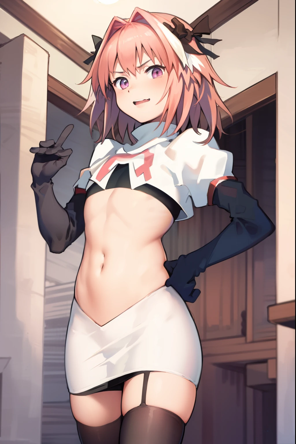 absurdres, masterpiece, best quality, (astolfo fate:1.2155), 1boy, male focus, trap, pink multicolored hair, pink hair, white hair, hair intakes, long hair, pink detailed eyes, crossdressing,1boy, team rocket,team rocket uniform, red letter R, white skirt,white crop top,black thigh-highs,black elbow gloves
