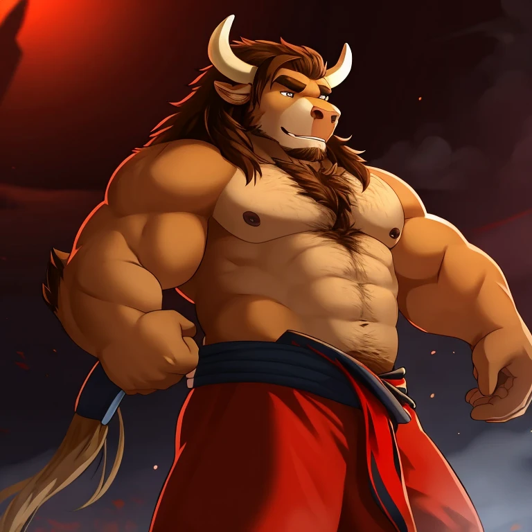 tauren,Burly,laughingly,combats,red colour,Martial artist,Detailed character details